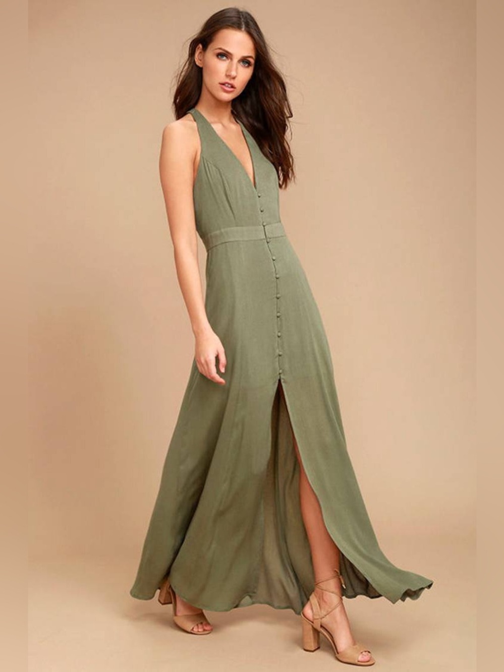 re:named Olive Halter Maxi Dress with Front Buttons and Slit